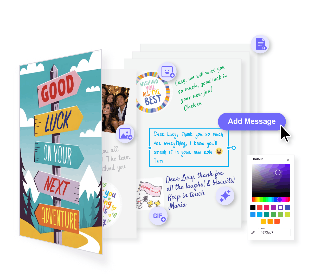 A leaving card being signed with messages, photos, stickers and GIFs