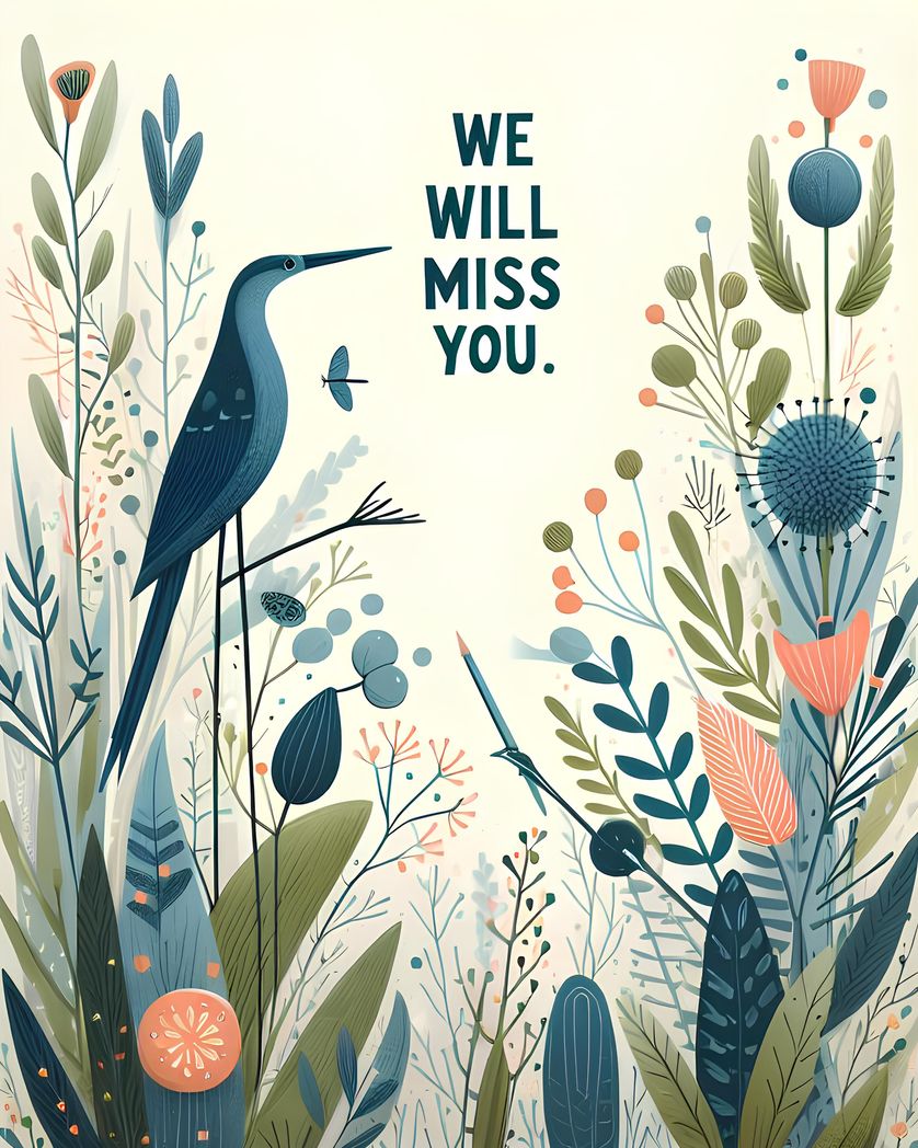 Card design "We will miss you card with bird and nature"
