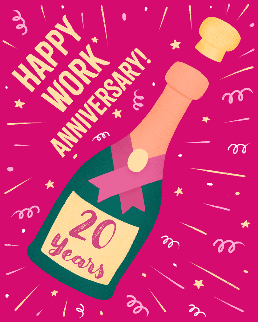 Card design "Poppin' - 20 years work anniversary group ecard"
