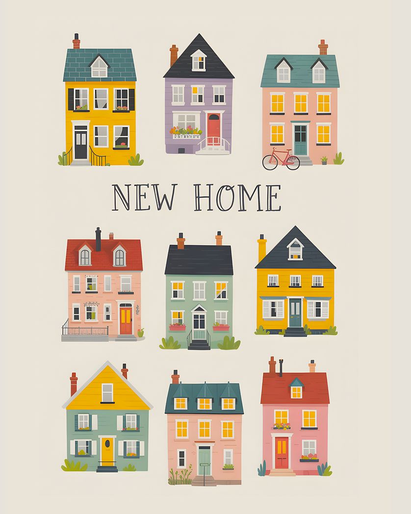 Card design "Mini houses - group new home ecard"