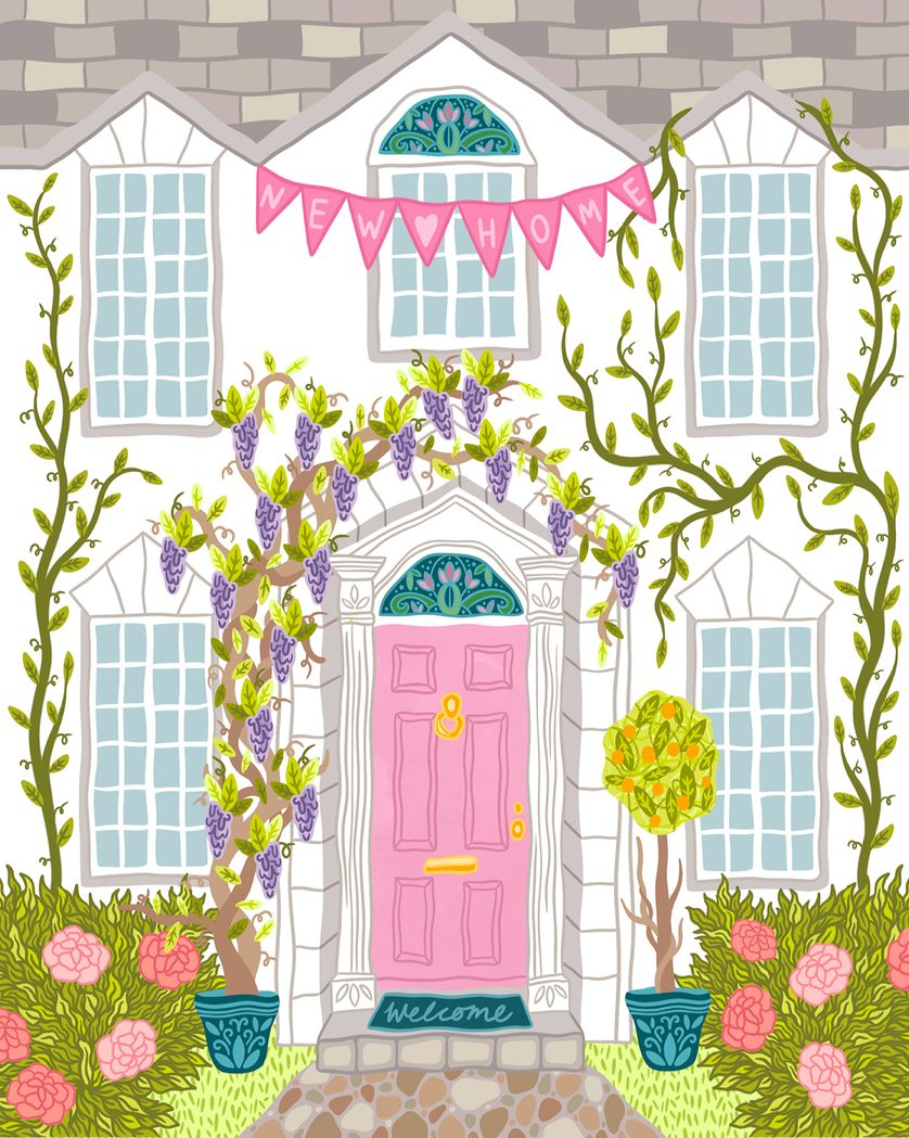 Card design "Welcome mat - group new home ecard"