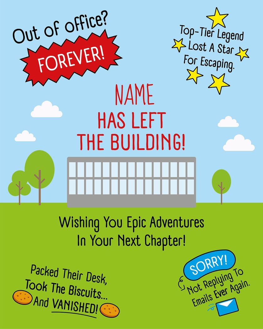 Card design "Out of office forever - group retirement ecard"