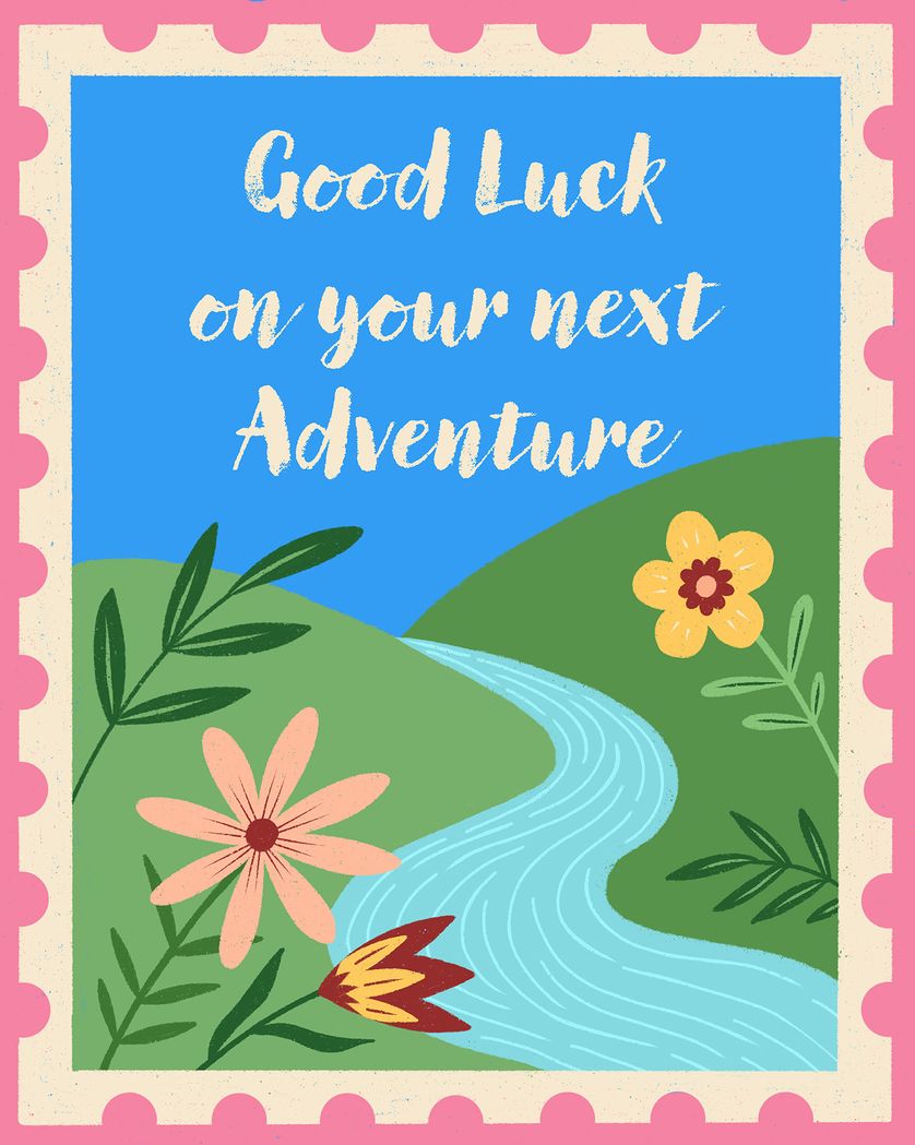 Card design "Adventure stamp - group leaving ecard"