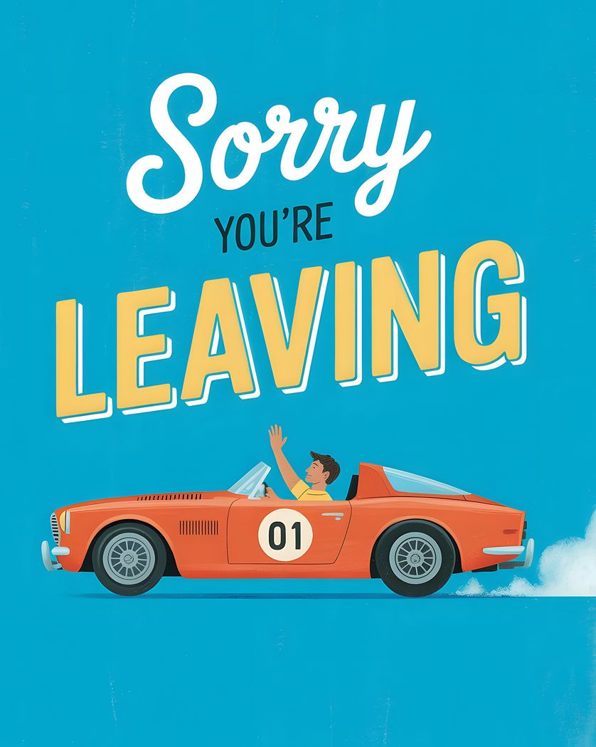 Card design "racing out the door - group leaving ecard"