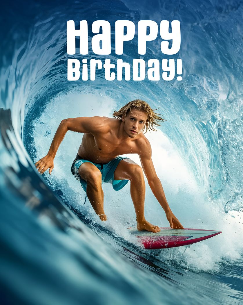Card design "Surfer dude - group AI birthday ecard"