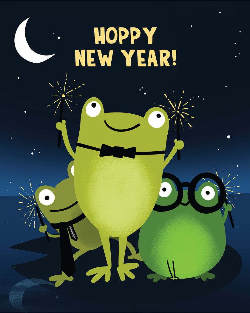 Card design "Frog chorus - group new year ecard"