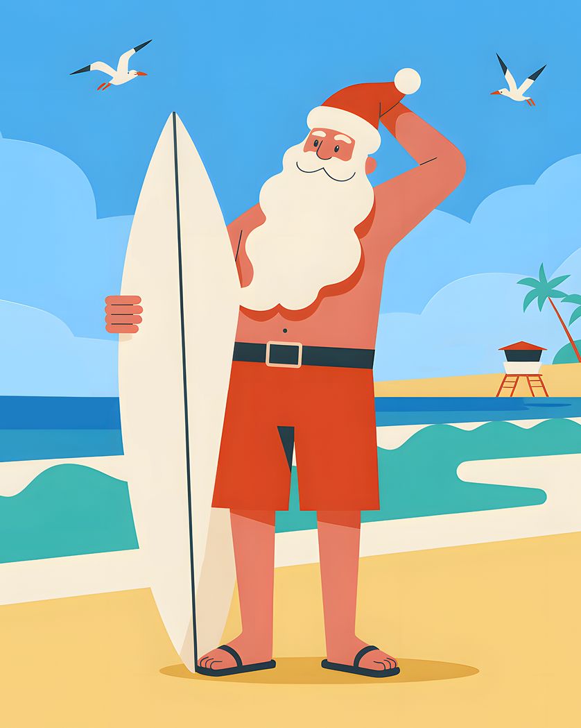 Card design "Surfing santa  - group christmas ecard"