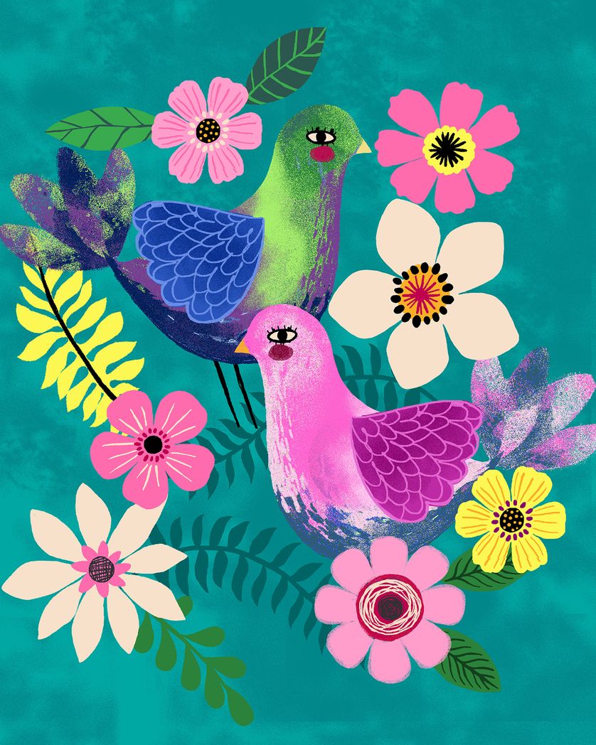 Card design "Love birds  - group wedding ecard"