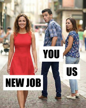 Use Distracted Boyfriend  - group leaving ecard