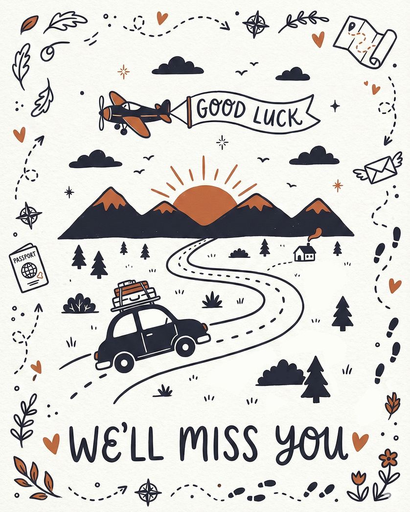 Card design "Adventures await - group leaving ecard"