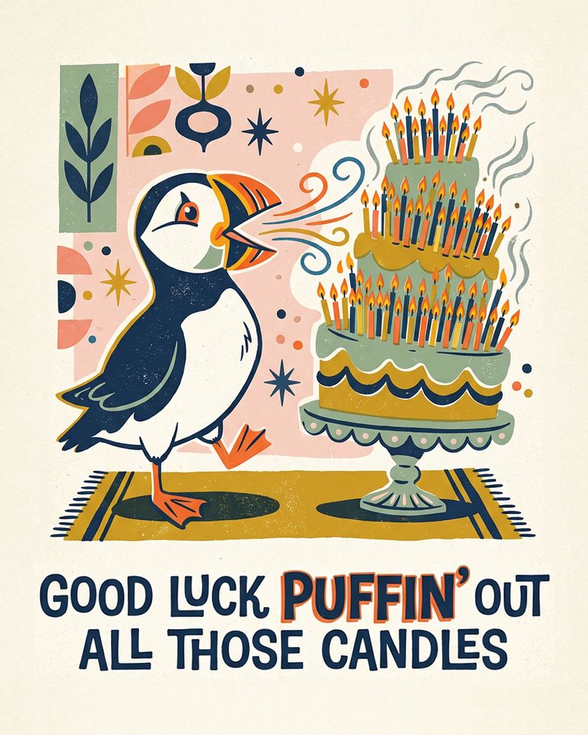 Card design "Puffin away - group birthday ecard"