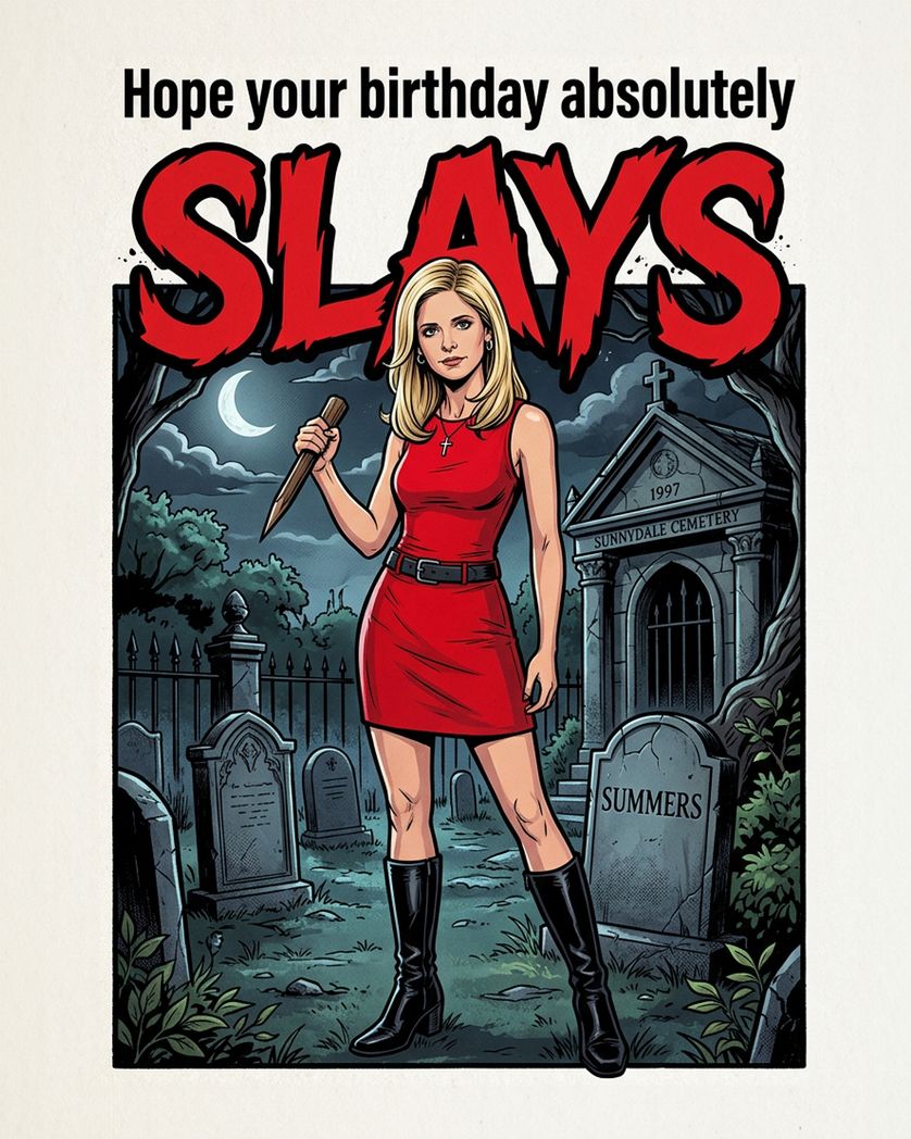 Card design "Buffy the birthday slayer - group ecard"
