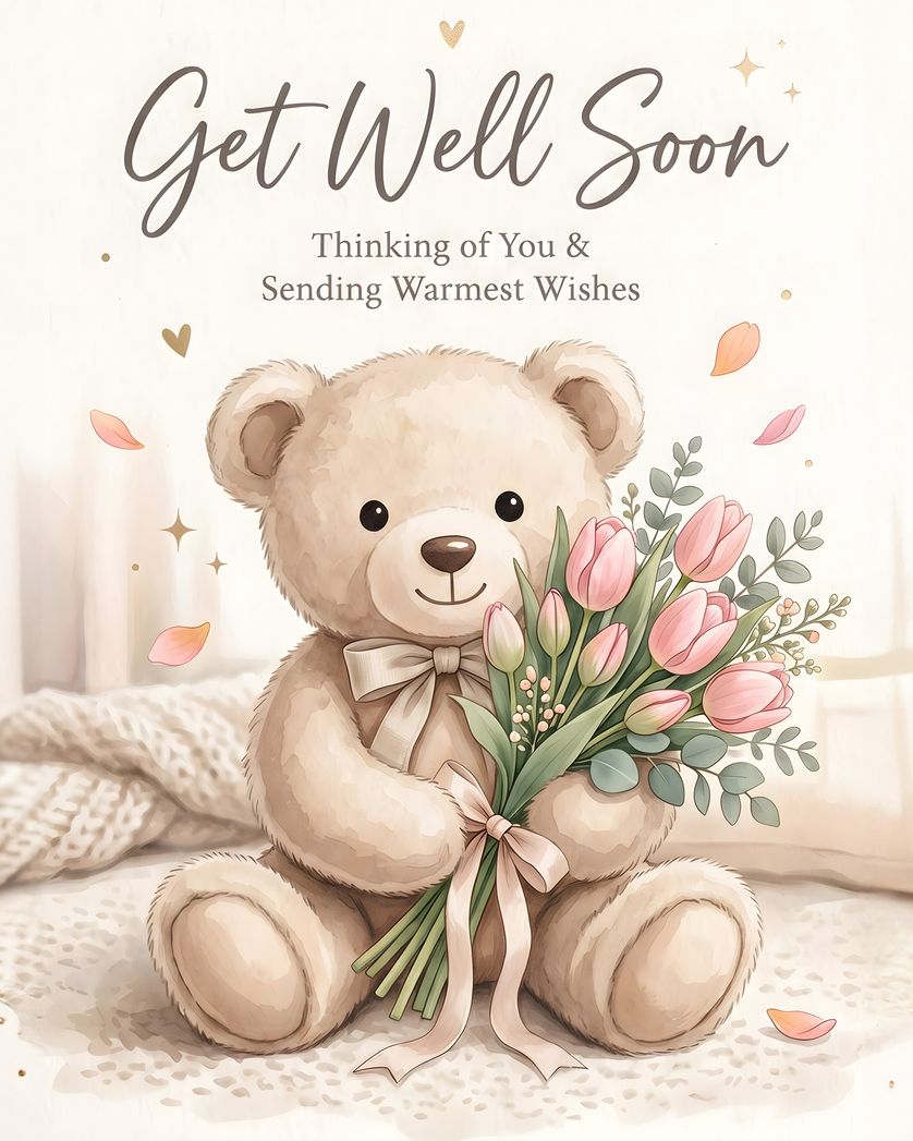 Card design "Teddy with tulips - group get-well ecard"
