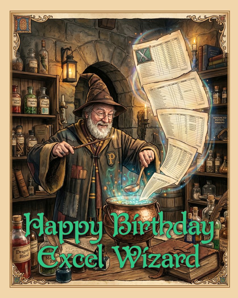 Card design "You're an excel wizard Harry! - group birthday ecard"