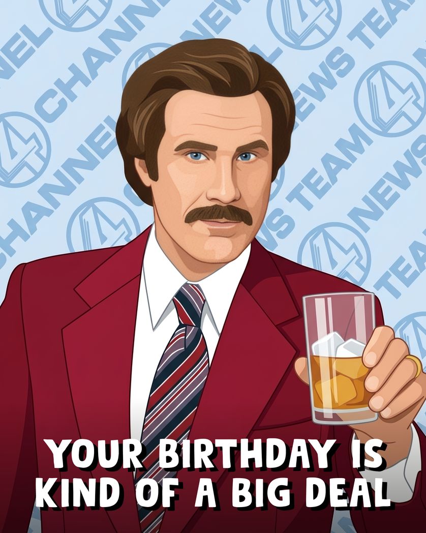 Card design "Retro News Guy - group AI birthday ecard"