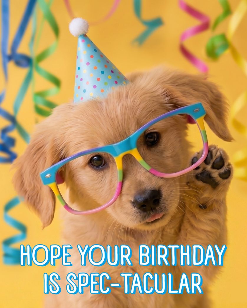 Card design "Glasses pup - group birthday ecard"