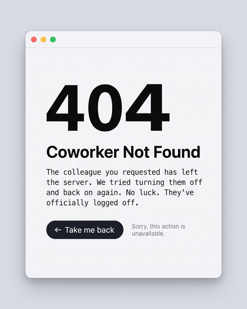 Card design "Coworker not found - group leaving ecard"