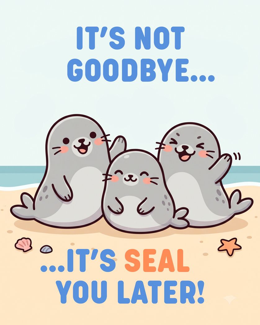 Card design "Cute seals - group leaving ecard"
