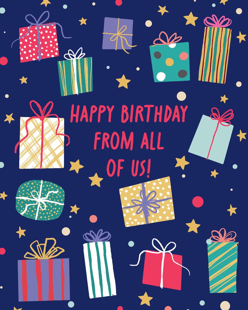 Card design "Pressie time - group birthday ecard"