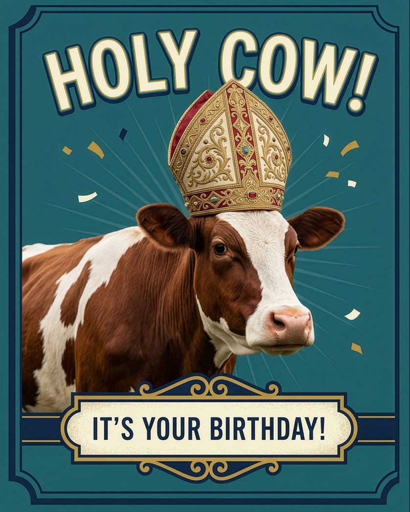 Card design "Bishop Moo - group birthday ecard"